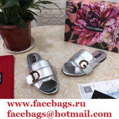 Dolce  &  Gabbana Leather Flat Sliders Silver With Baroque D & G Logo 2021